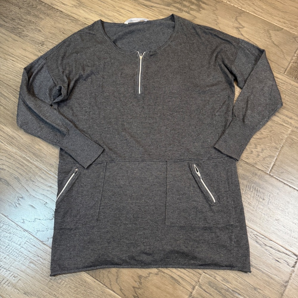 Athleta Gray Tunic Dress Long‎ Sleeve Half Zip Pockets Womens Size XS